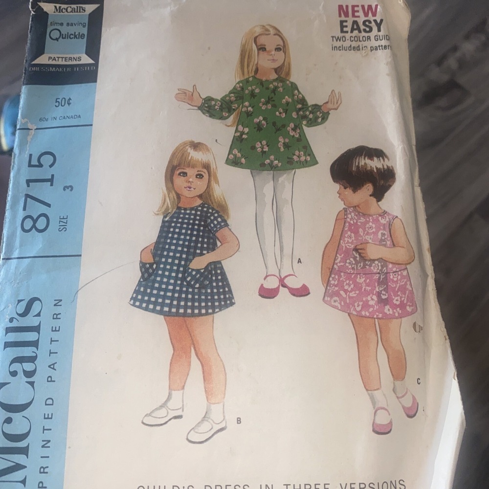 Vintage 1967 McCalls 8715 Girl Toddler Dress Sewing Pattern Size 3 Cut Complete